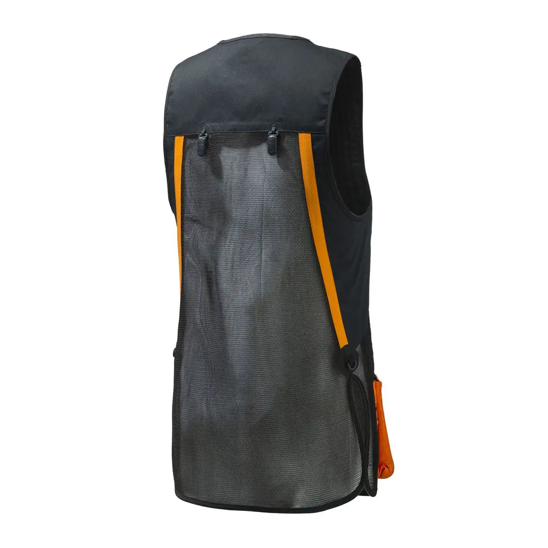 Beretta Uniform Pro 20.20 shooting vest back with black orange mesh, laser-cut details