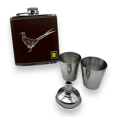 Bisley brown leather 6oz hip flask set with pheasant design