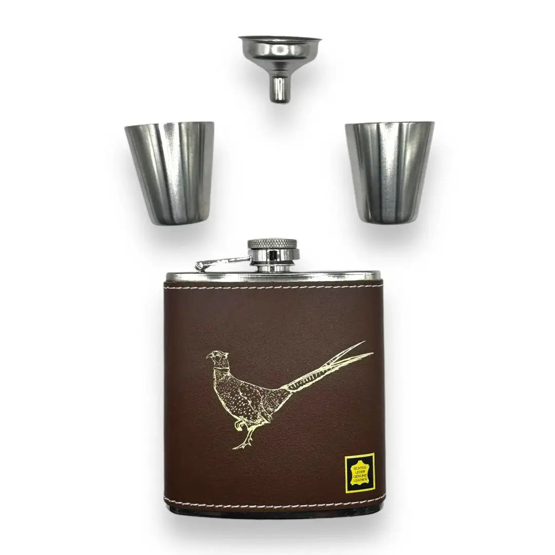 Bisley brown leather 6oz hip flask with pheasant design