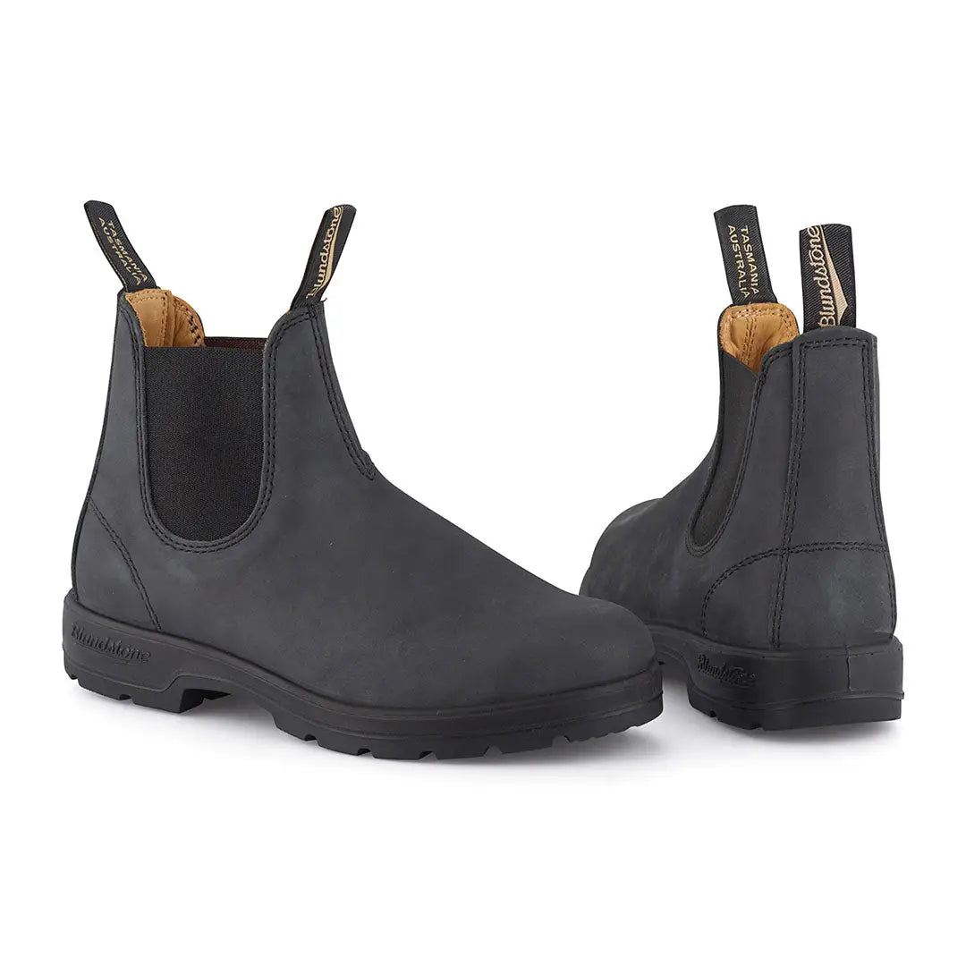 Pair of rustic black Blundstone Chelsea boots perfect for stylish country clothing