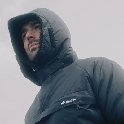 Man in Buffalo DP Hood jacket with Pertex Quantum Shell and Aquatherm Pile Lining