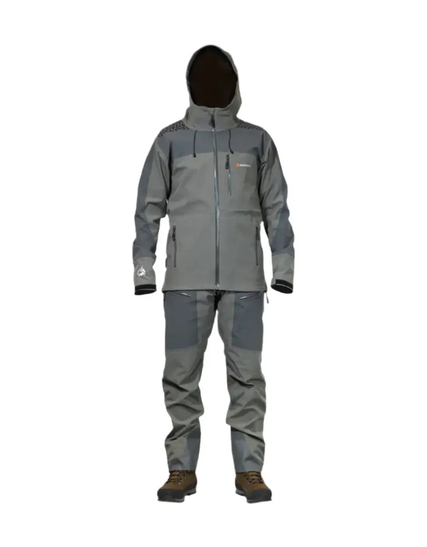 Gray waterproof hooded jacket and pants from Bushbuck Alpine Waterproof Jacket collection