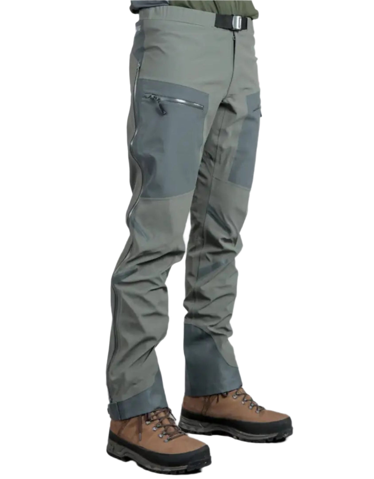 Gray hiking pants and brown boots from Bushbuck Alpine Waterproof Pants for hunting
