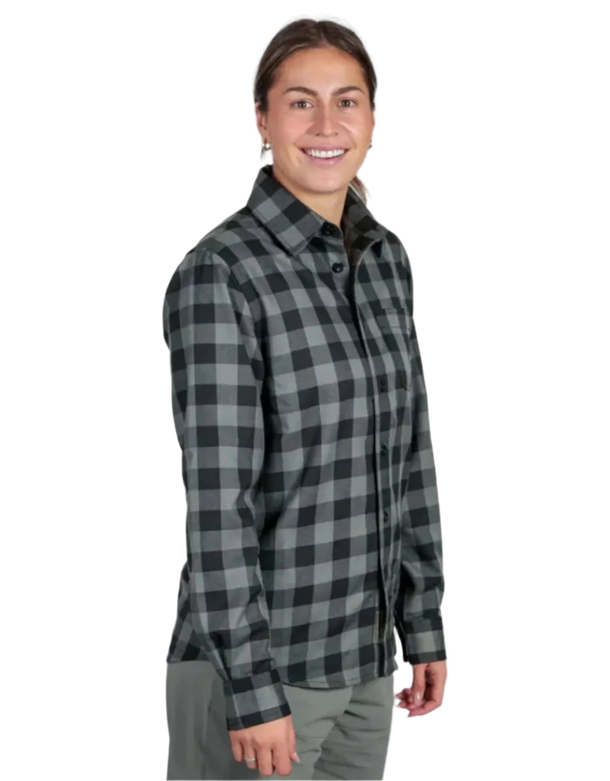 Woman wearing Bushbuck Flannel Shirt with gray and black plaid design, perfect flannel shirt style