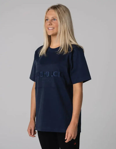 Navy blue oversized Bushbuck Heritage Cotton Tee with white text design