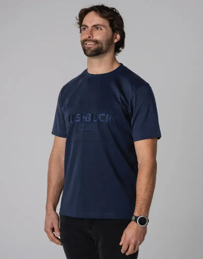 Navy blue bushbuck heritage cotton tee with white black logo