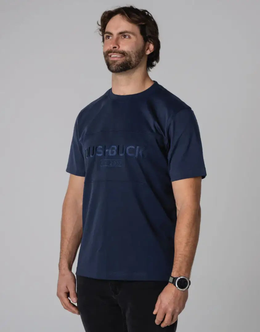 Navy blue bushbuck heritage cotton tee with white black logo
