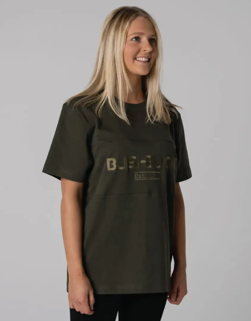 Bushbuck Heritage Cotton Tee in olive green with baja graphic and camo