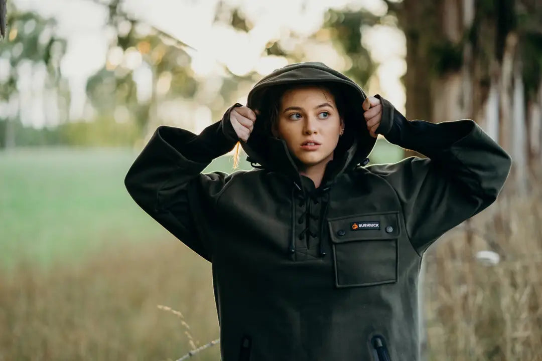 Dark green hooded poncho from Bushbuck Huntsman Bushshirt for outdoor adventures