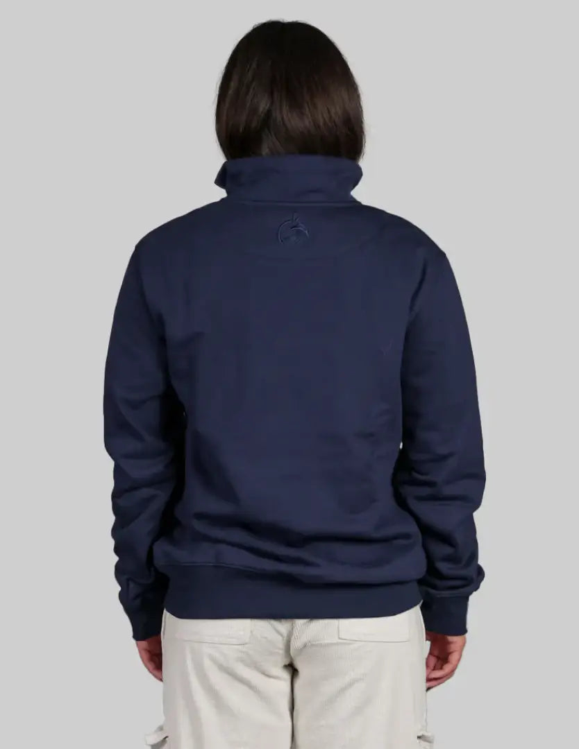 Navy blue quarter zip sweatshirt with ribbed cuffs and hem in soft cotton blend
