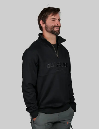 Black Bushbuck quarter zip sweatshirt with quadru text design
