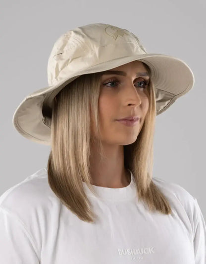Beige Bushbuck Quick Dry wide brim bucket hat with logo