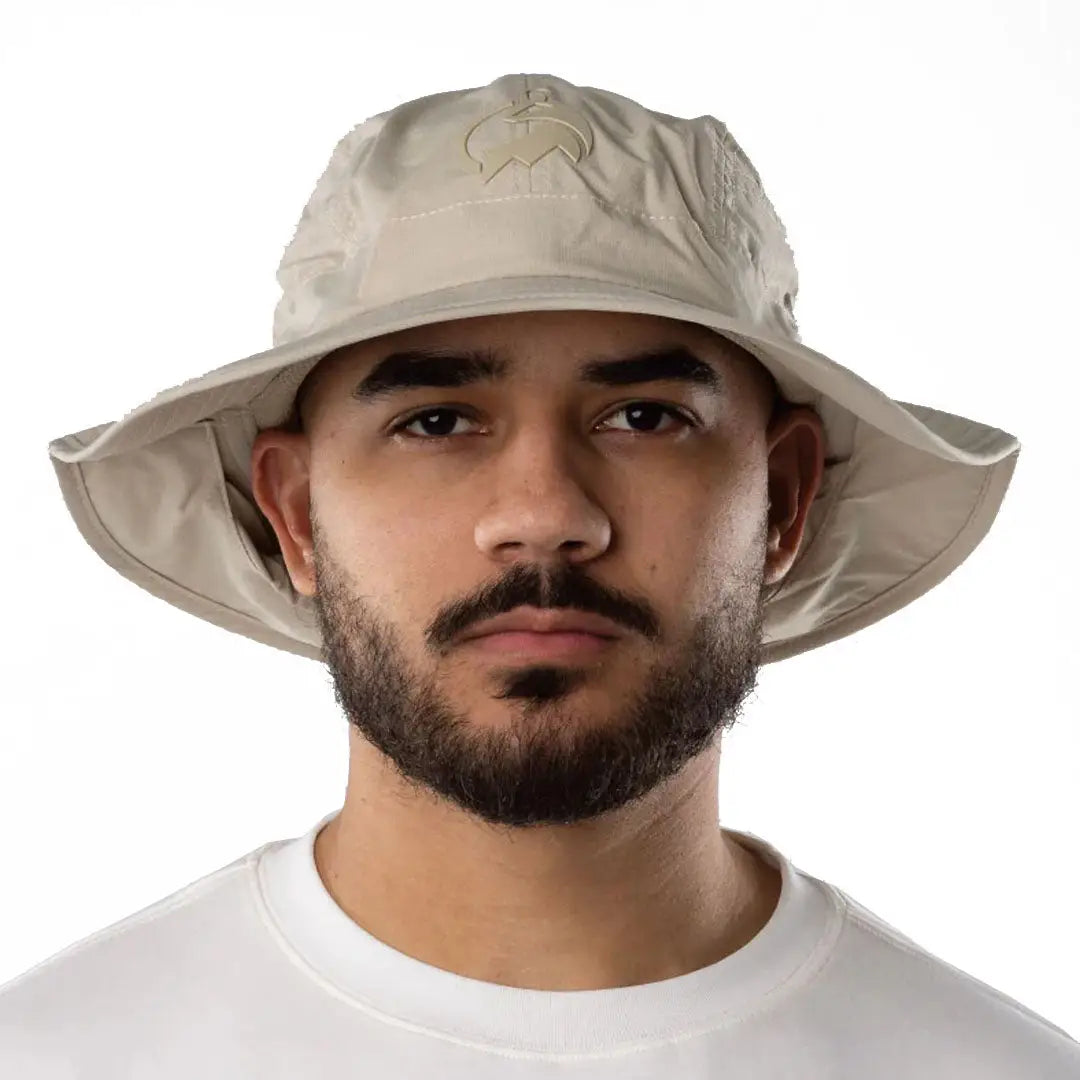 Beige Bushbuck Quick Dry wide brim bucket hat with front logo