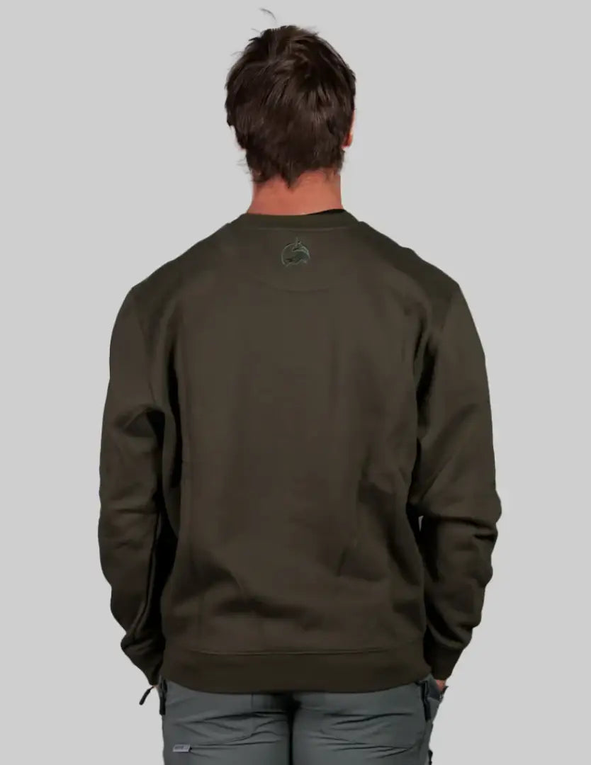 Olive green Bushbuck Rise Crew sweatshirt with black logo and zipper details