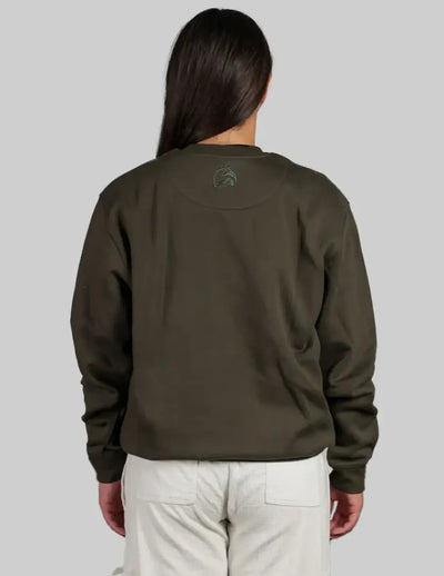 Olive green bomber jacket with Bushbuck Rise Crew pocket detail and logo
