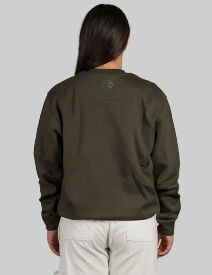 Olive green bomber jacket with Bushbuck Rise Crew pocket detail and logo