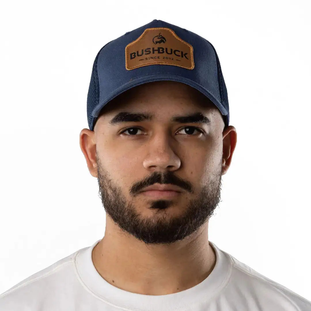 Navy blue Bushbuck Snapback Trucker Cap with leather patch logo