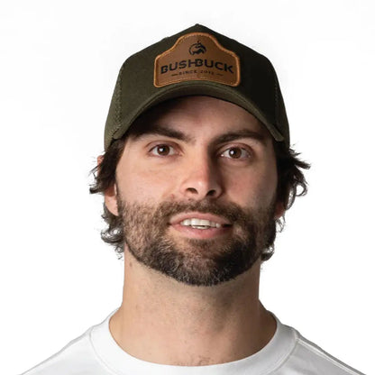 Olive green Bushbuck Snapback Trucker cap with leather patch logo
