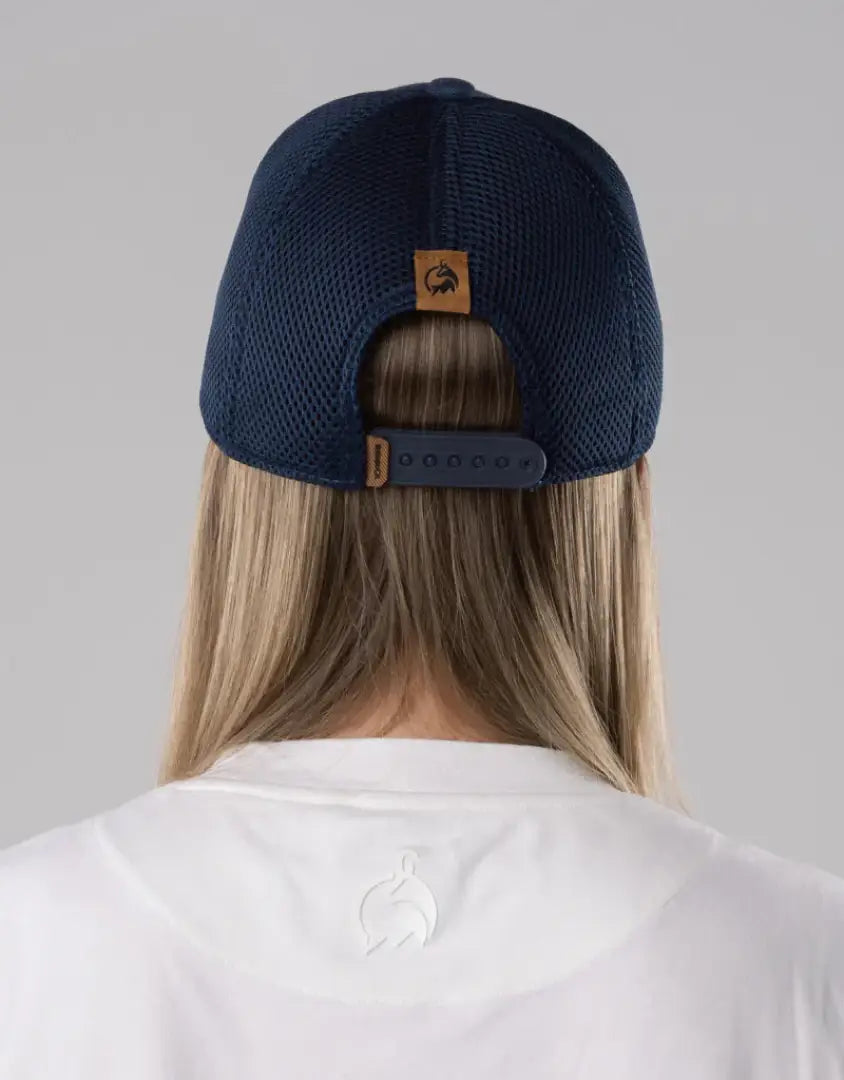 Navy blue mesh Bushbuck Snapback Trucker Cap with brown leather strap