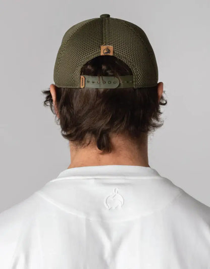 Bushbuck snapback trucker cap in olive green mesh with brown leather strap