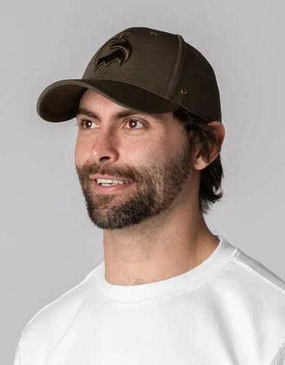 Bushbuck Workmans Snapback Cap: brown leather baseball cap with horse logo for hunting outdoors