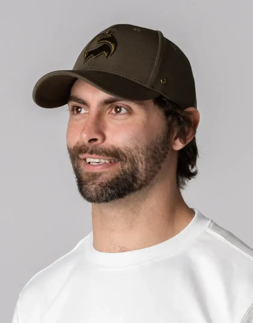 Bushbuck Workmans Snapback Cap: brown leather baseball cap with horse logo for hunting outdoors