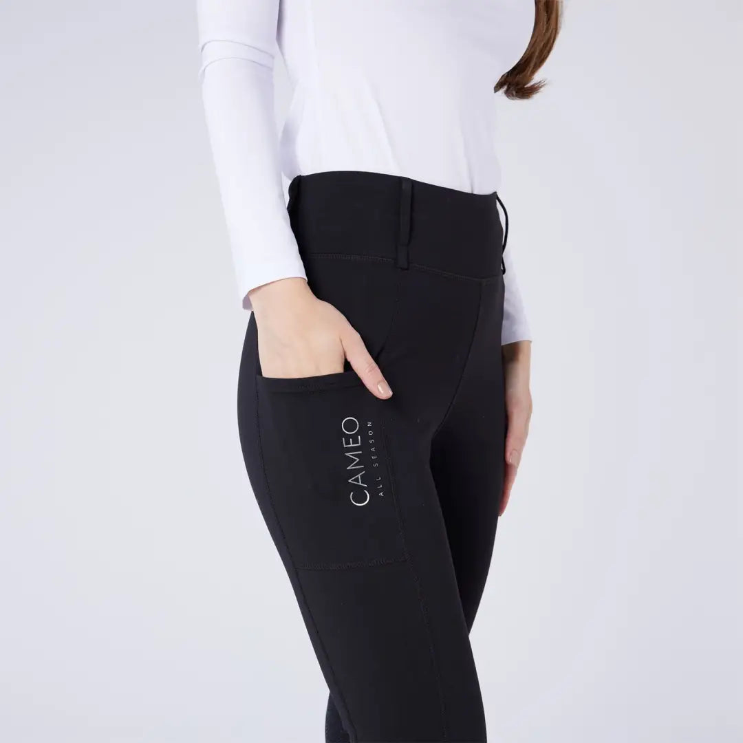Black women’s riding breeches with side pocket and CAMEO ALL SEASON branding perfect for hunting and country clothing
