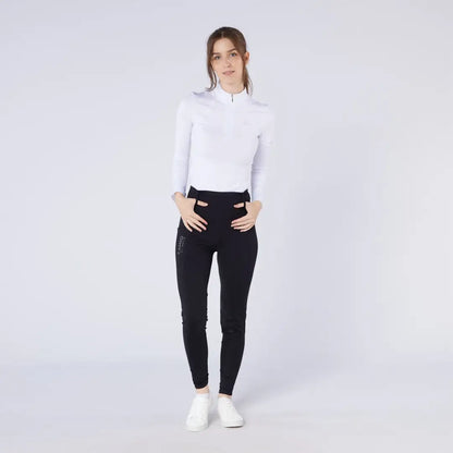 Women’s white long-sleeve quarter-zip top with black season tights for country clothing and hunting