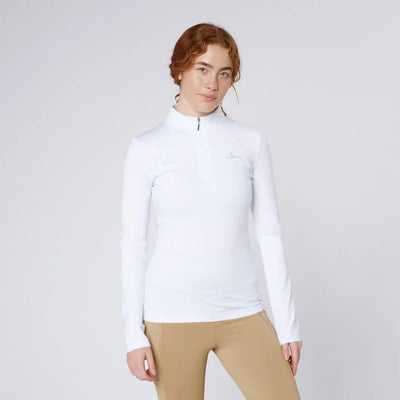 Woman in white shirt and tan leggings from Cameo Core Collection for country clothing hunting