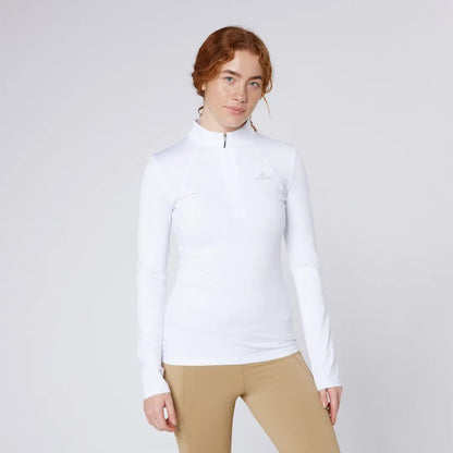 Woman in white shirt and tan leggings from Cameo Core Collection for country clothing hunting