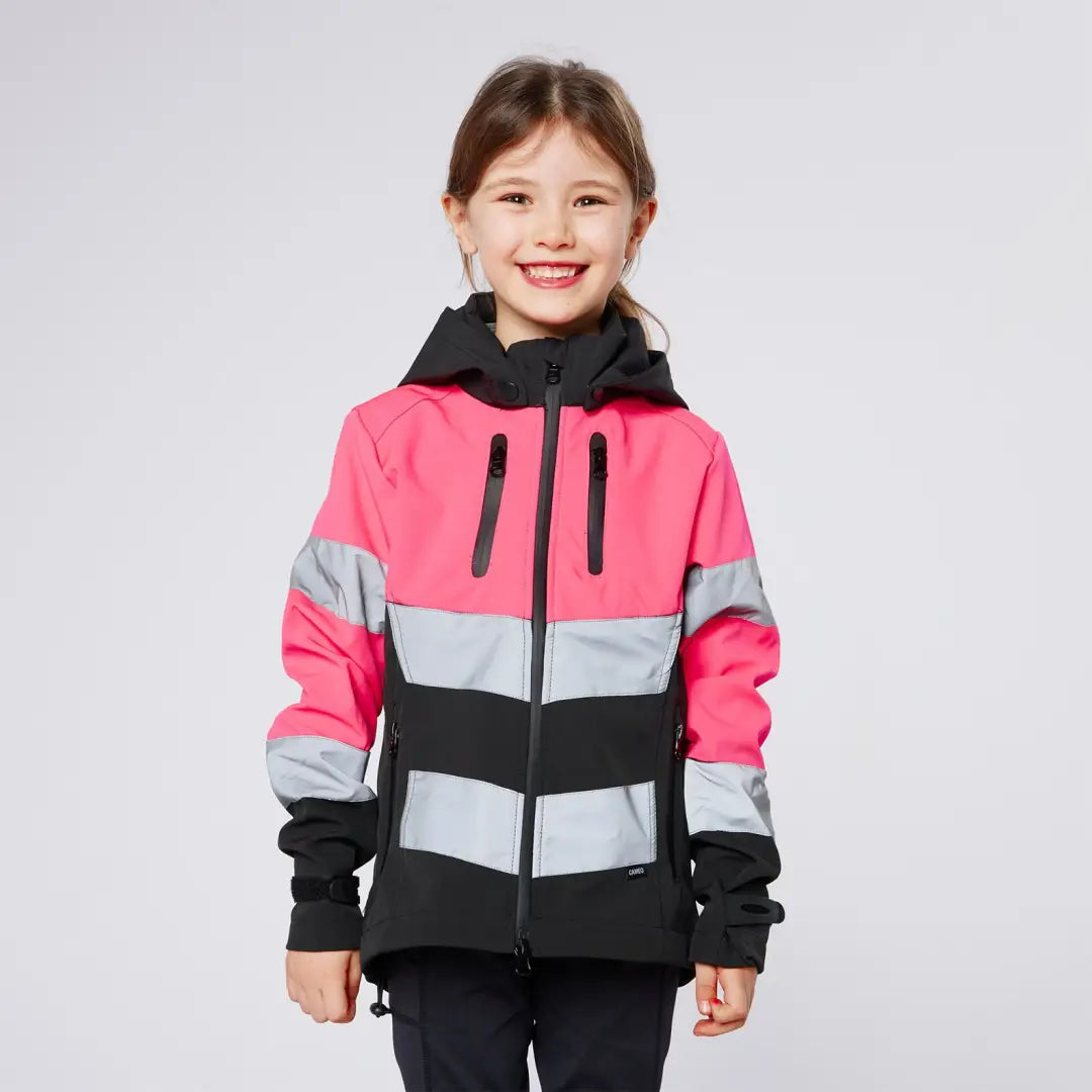 Child’s pink and black reflective jacket from Cameo Junior Hi Viz Jacket for outdoors camping country clothing hunting