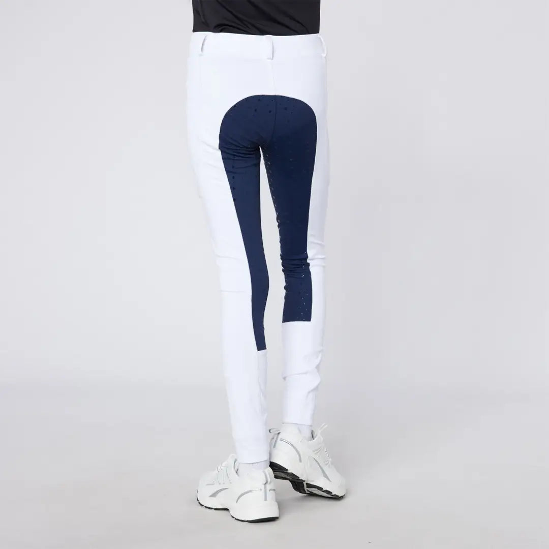 White and navy Cameo Junior Performance Riding Tights for comfortable riding performance