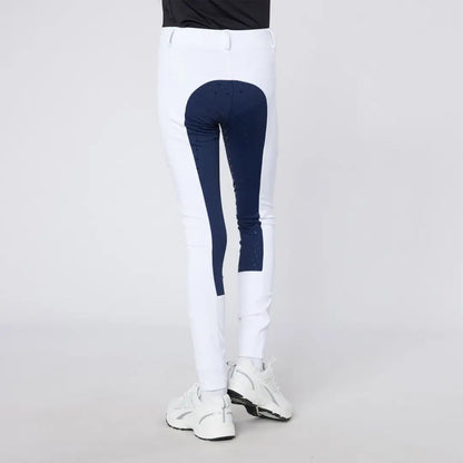 White and navy Cameo Junior Performance Riding Tights for comfortable riding performance