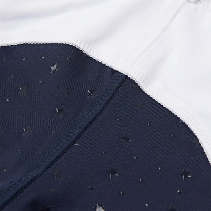White and navy star-patterned fabric for Cameo Junior Performance Riding Tights, riding tights style