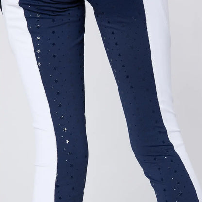 Navy and white star-patterned performance riding tights for kids from Cameo Junior Riding Tights