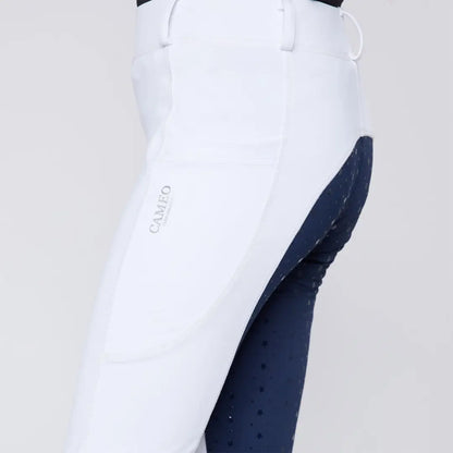 White and navy Cameo Junior Performance Riding Tights for comfortable riding performance