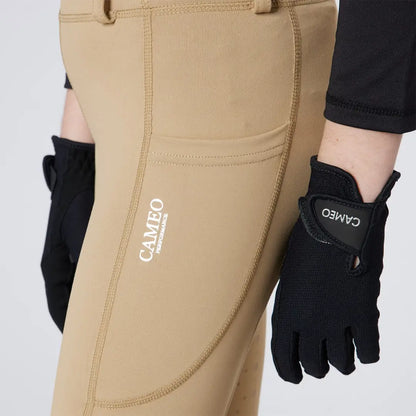 Tan riding pants with black gloves from Cameo Junior Performance Riding Tights for performance riding
