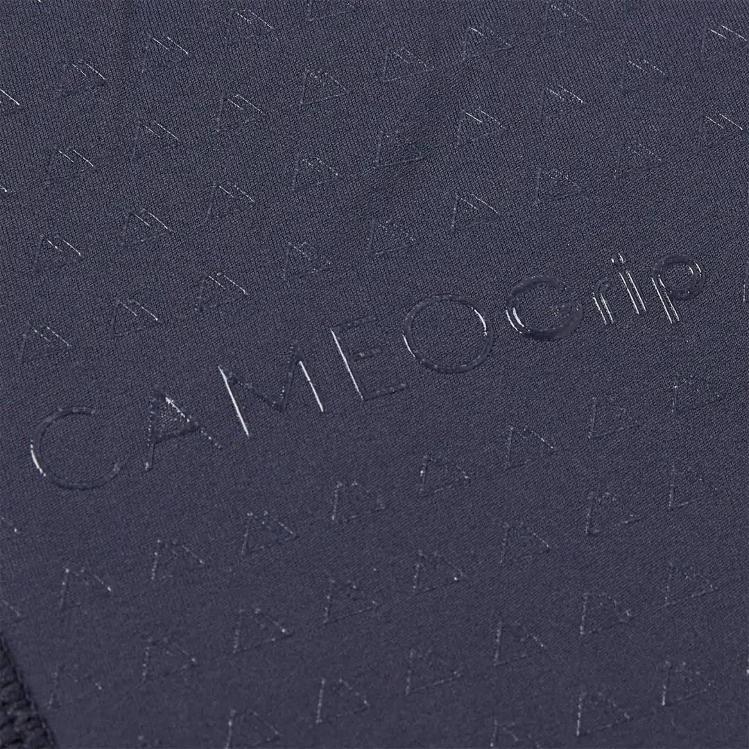 Navy fabric with subtle triangles and embossed text on Cameo Junior ThermoDry Riding Tight for country clothing outdoors