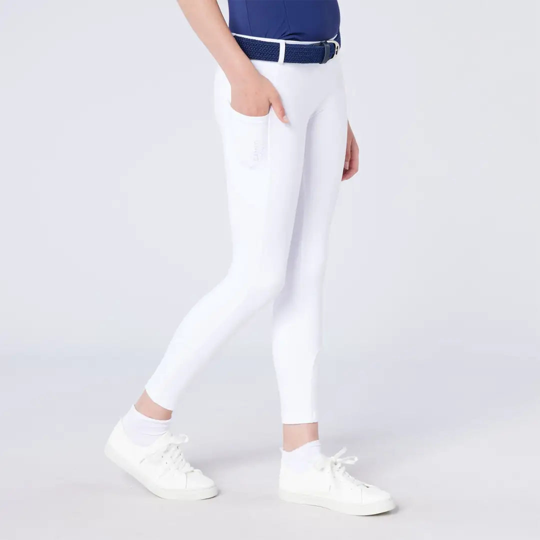 White full-length athletic leggings with side pocket and navy belt for country clothing outdoors