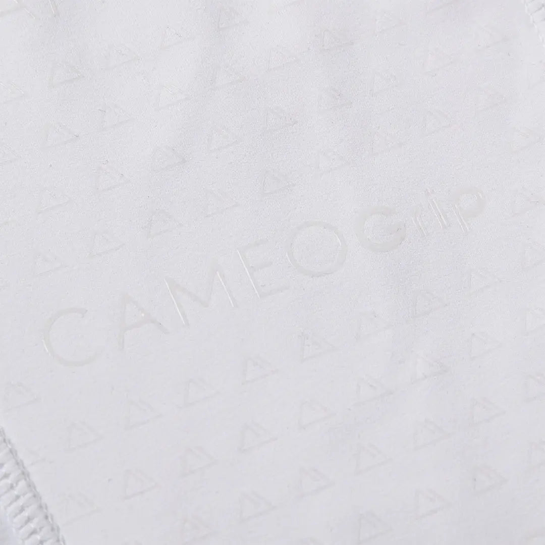 White fabric with subtle embossed text from Cameo Junior ThermoDry Riding Tight for country clothing outdoors