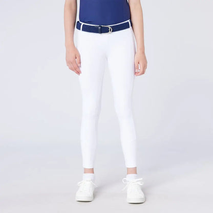 White women’s riding pants with navy belt for country clothing and outdoor riding fun
