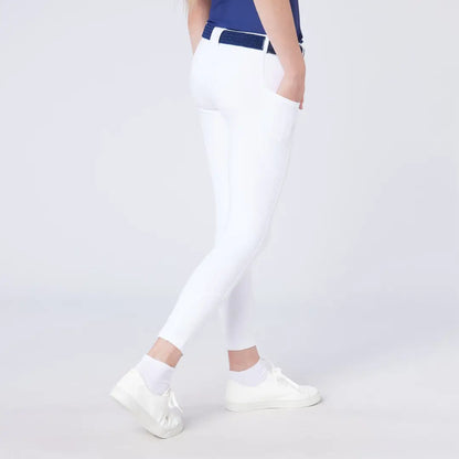 Slim-fit white riding pants with navy belt, perfect country clothing for hunting outdoors
