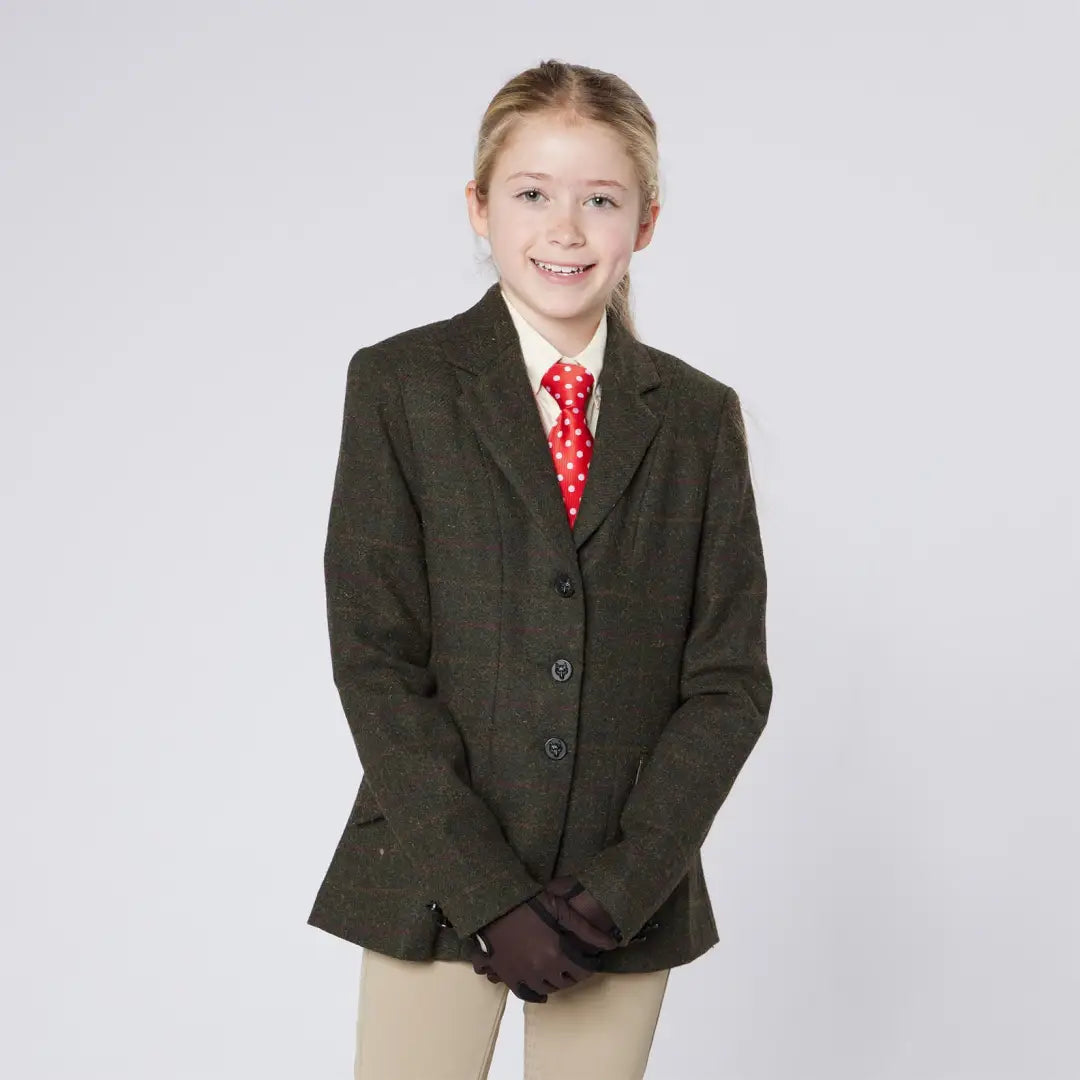 Girl’s equestrian riding outfit with Cameo Junior Tweed Jacket, foxhead buttons for country hunting style