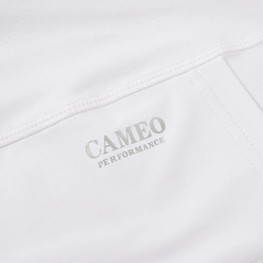 White fabric with CAMEO PERFORMANCE text on stylish performance riding tights for riding tights lovers