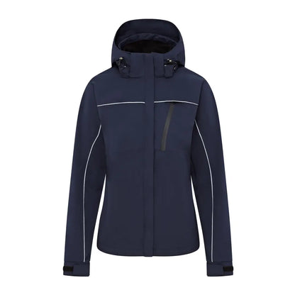 Navy blue riding jacket with white trim, perfect for country clothing and hunting trips