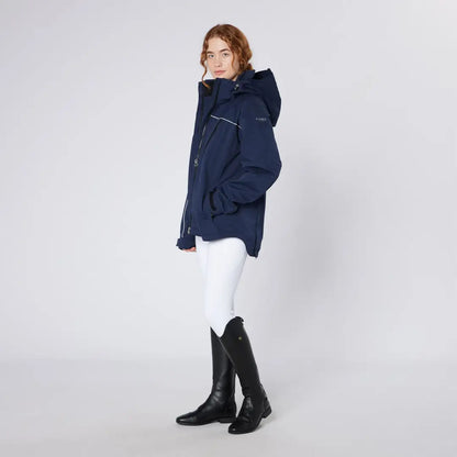 Woman wearing Cameo Riding Jacket, navy blue country clothing for hunting and riding