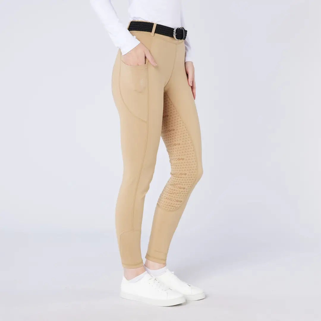 Tan women’s equestrian riding pants with full seat grip for country clothing and outdoors riding