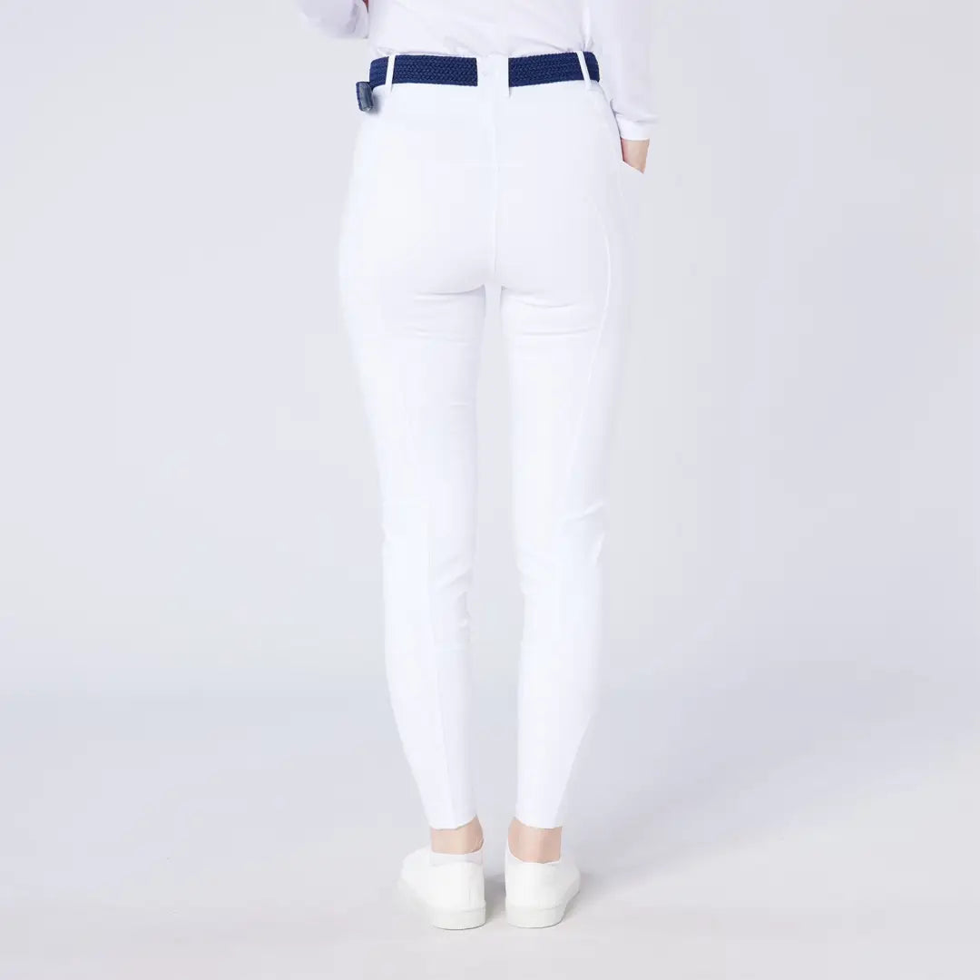 White women’s riding pants with navy belt for country clothing and outdoor riding adventures