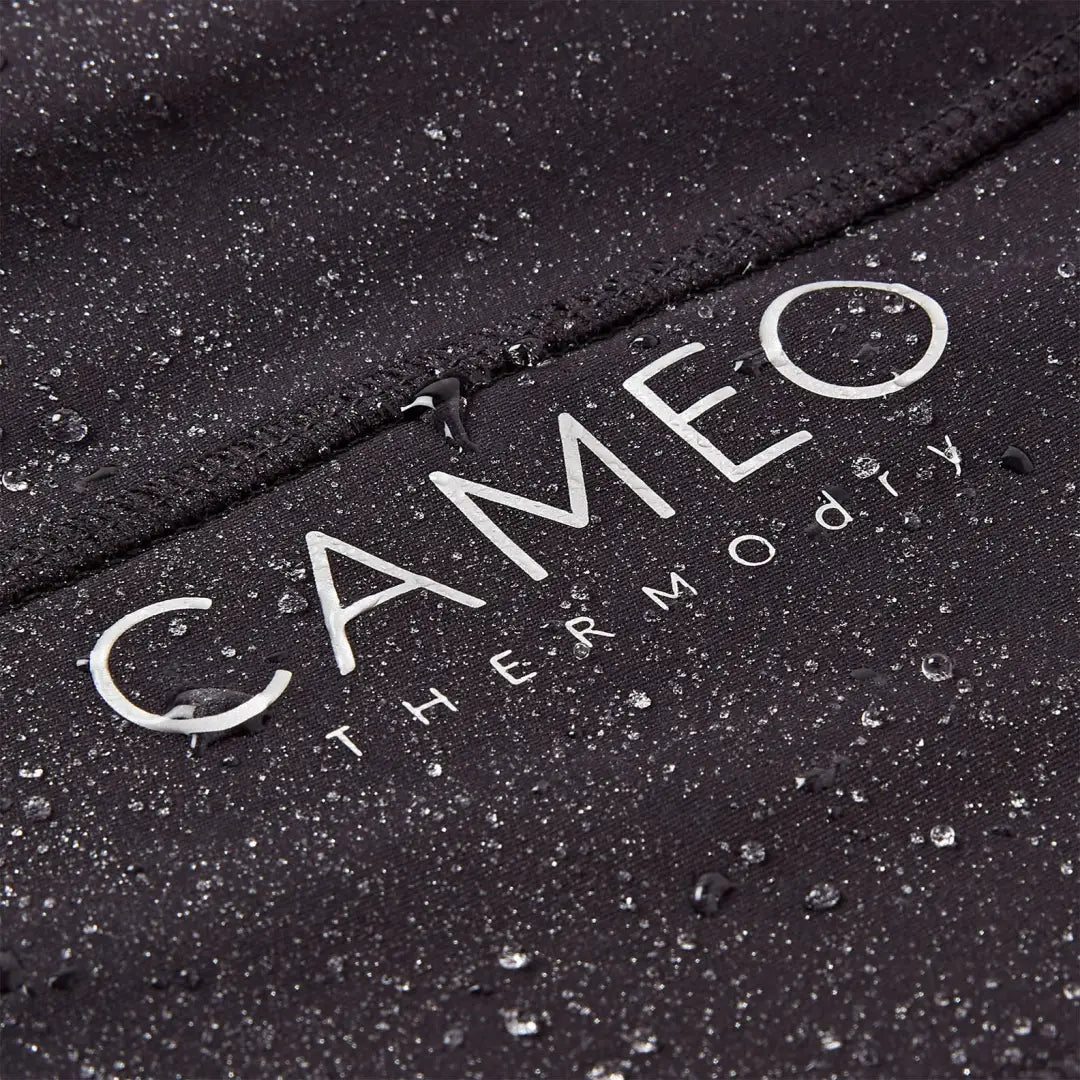 Water-repellent black fabric with white lettering on Cameo ThermoDry Riding Tight for outdoors