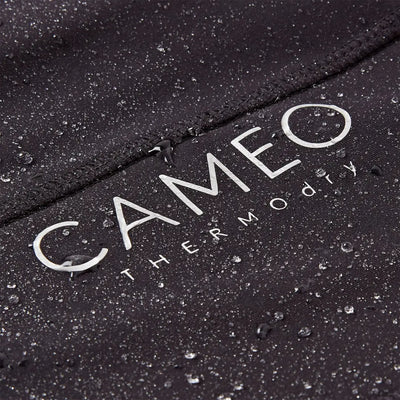 Water-repellent black fabric with white lettering on Cameo ThermoDry Riding Tight for outdoors